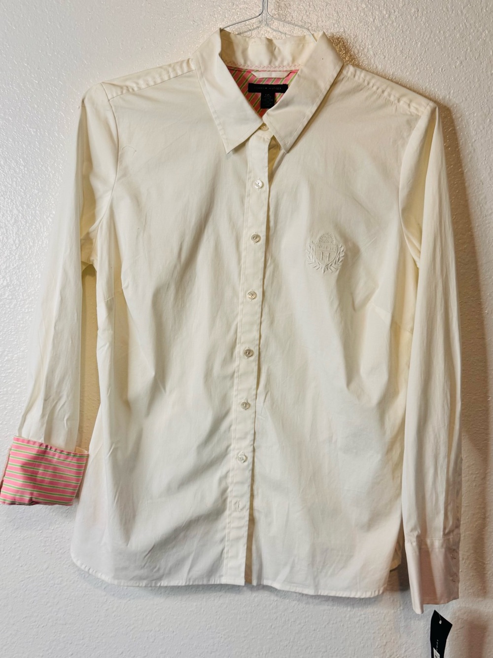 NWT Tommy Hilfiger White Pink/Green Cuff Button Down Blouse Women L